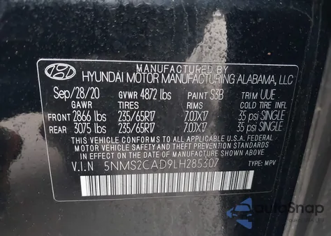 2020 Hyundai Santa Fe Se from USA, damaged, VIN 5NMS2CAD9LH285307